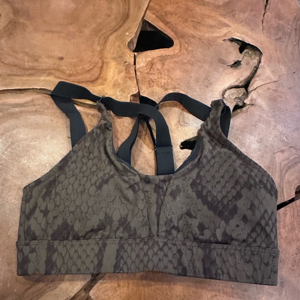 Varley brown Snake-Print Workout Bra with Black Straps